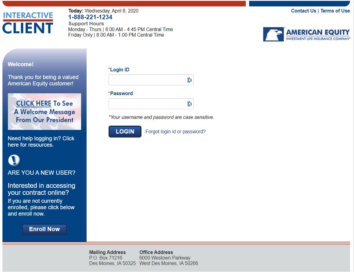 Screenshot image of the American Equity Client Log In page